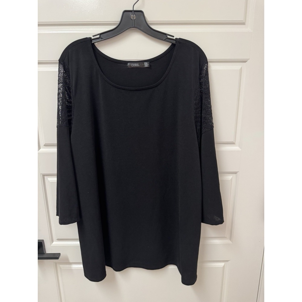 Cure Womens 3X Black Pullover Blouse Bell Sleeve Lace Block Rayon Spandex Top